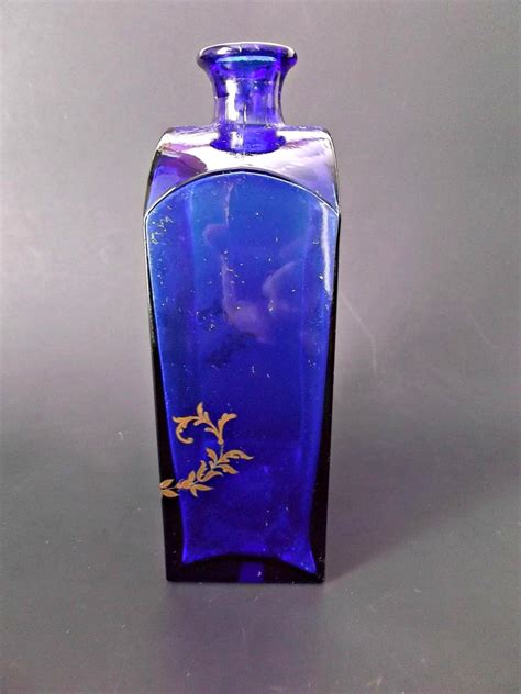Cobalt Blue Glass Bottle Gold Gilt Floral Design Vintage Portugal From Saltymaggie On Ruby Lane