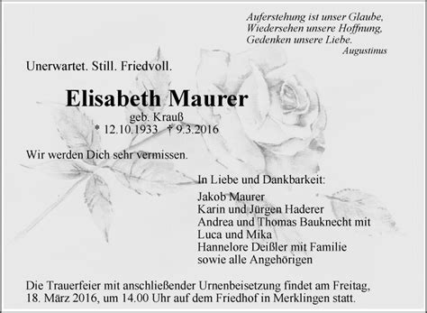 Traueranzeigen Von Elisabeth Maurer Schwaebische De Trauerportal My