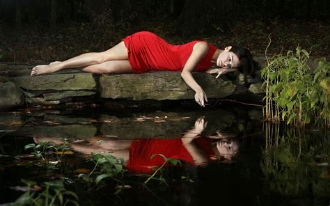 Women Model Brunette Long Hair Women Outdoors Nature Red Dress Barefoot Water Lake