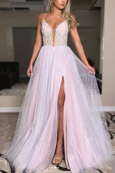 Light Pink Deep V Neck Backless Beaded Long Prom Dress Shiny Light