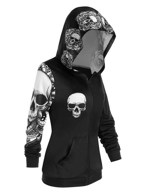 36 Off 2021 Halloween Skull Print Zip Up Hoodie In Black Dresslily