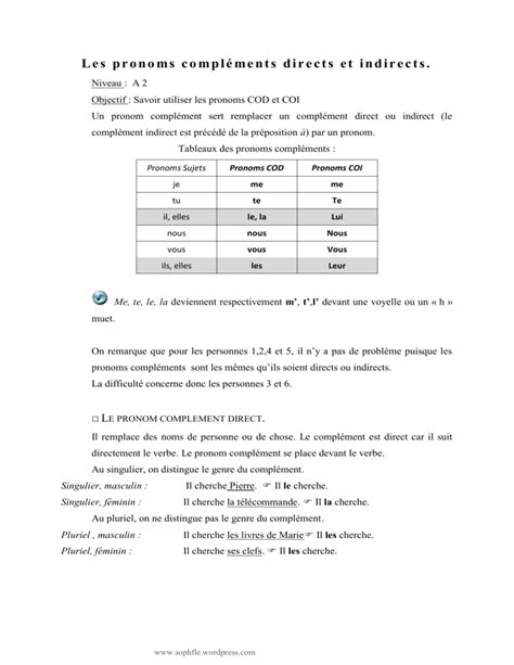 Les Pronoms Compléments Directs Et Indirects Sophfle Hot Sex Picture