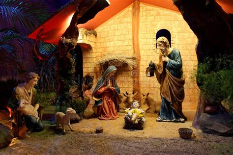 Christmas Nativity Scene With Figurines Including Jesus Mary Joseph And Sheeps Stock Image