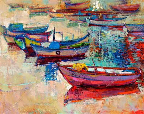 Скачать Лодки и океан — стоковое изображение Boat Painting Canvas