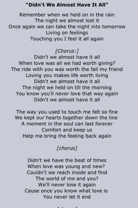 Didnt We Almost Have It All ~ Lyrics Whitney Houston Song All