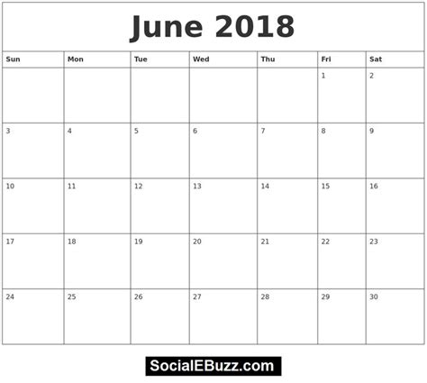 June 2018 Calendar Printable Template With Holidays Pdf Usa Uk