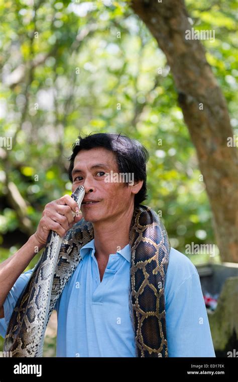 Man With Pet Snake In Mekong Delta Vietnam Stock Photo Alamy