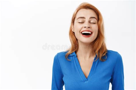 Close Up Portrait Of Happy Relieved Smiling Woman With Closed Eyes
