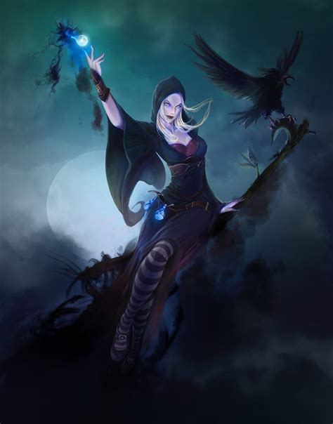 Photos Magic Crows Witch Fantasy Young Woman Moon Night