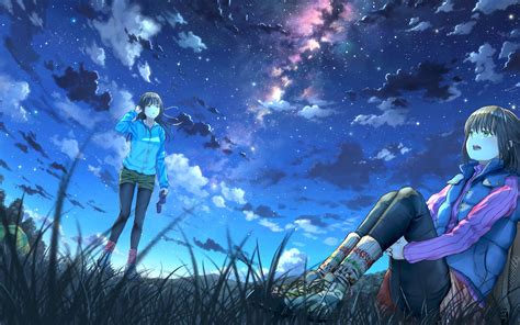 Anime Girls Night Sky Scenery Clouds Stars 4k 64 Wallpaper Pc