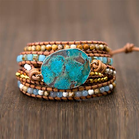 Women Leather Bracelet Unique Mixed Natural Stones Gilded Stone