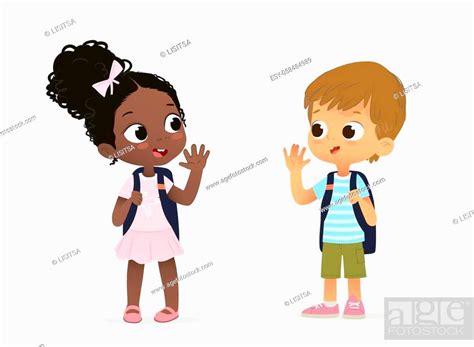 African American Girl With The Backpack Saying Goodbye To Caucasian Boy