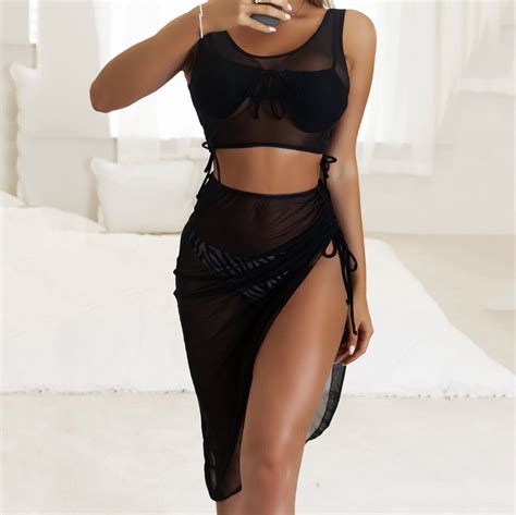 Women Mesh Sheer Bikini Cover Ups Set See Through Sleeveless Crop Tops