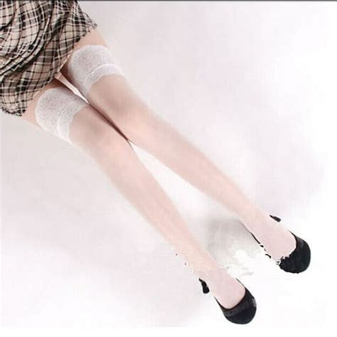 popvcly women ladies sexy lace top silicone band stay up thigh high stockings pantyhose new