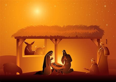 聖書のイラストシリーズ、安定した聖家族のキリスト降誕のシーン。クリスマスのテーマ プレミアムベクター