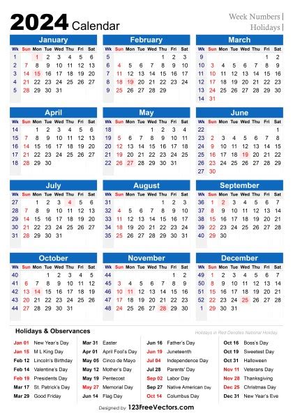 Free 2024 Holiday Calendar With Week Numbers