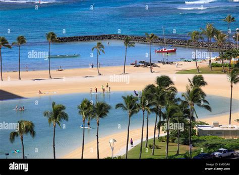 Hawaii Oahu Waikiki Hilton Lagoon Beach Aerial View Stock Photo