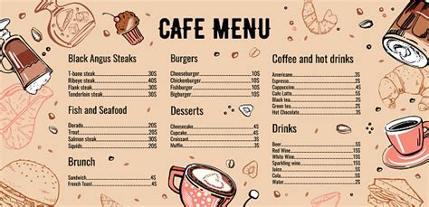 Order with seamless to support your local restaurants! Cafe Menu Design Template With List Of Meat Fish Burgers ...