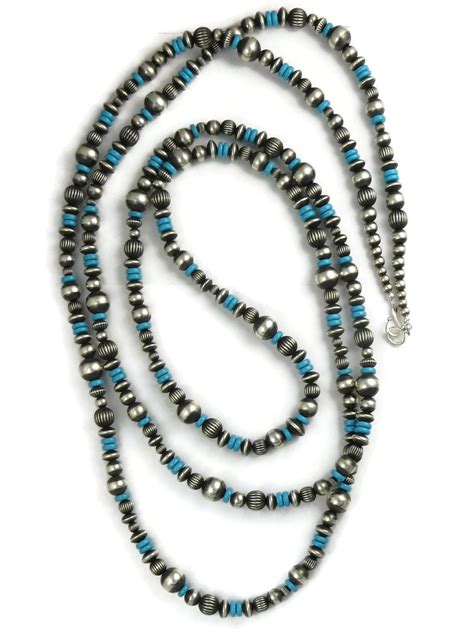 Long Turquoise Silver Bead Necklace 80 Southwest Silver Gallery