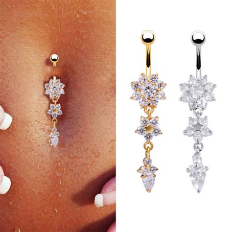 Sexy Dangle Belly Bars Belly Button Rings Belly Piercing Cz Crystal Flower Body Jewelry Navel