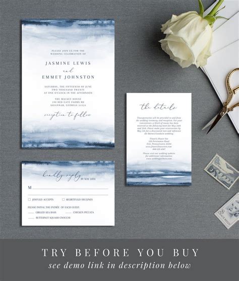 Indigo Blue Watercolor Wedding Invitation Suite Editable Etsy