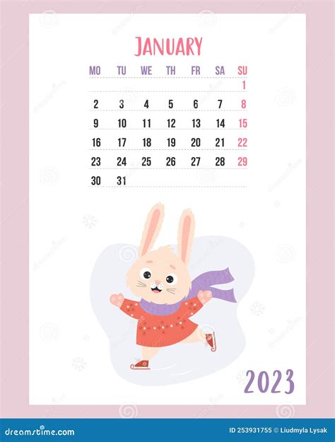 January 2023 Calendar Cute Winter Bunny In Knitted Clothes Is Skating