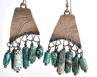 Tribal Southwest Turquoise Fringe Aged Copper Earrings Primitive