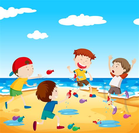 des enfants heureux jouent au ballon à la plage 293159 art vectoriel chez vecteezy