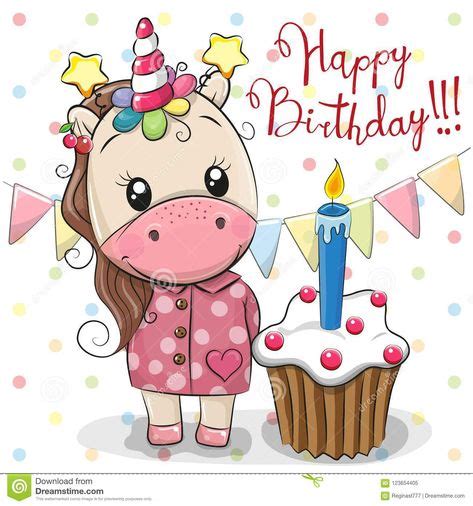 Photo About Greeting Card Cute Cartoon Unicorn With Cake Illustration