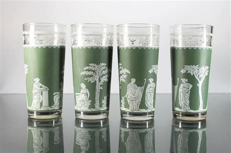 Jeanette Glass Flat Tumblers Hellenic Green 16 Ounce Drinking Glasses