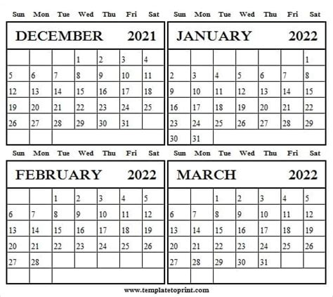 Monthly Calendar 2021 December To March 2022 Free 2021 Calendar