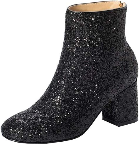 Shemee Women S Sequin Glitter Ankle Boots Chunky Heeled Zip High Heel Boots Uk Shoes