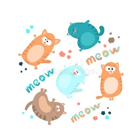 Meow Cartoon Set Of Cats Hand Drawing Lettering Colorful Vector Flat