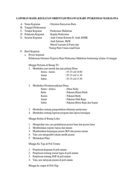 Laporan Hasil Kegiatan Orientasi Pegawai Baru Puskesmas Mahalona Pdf