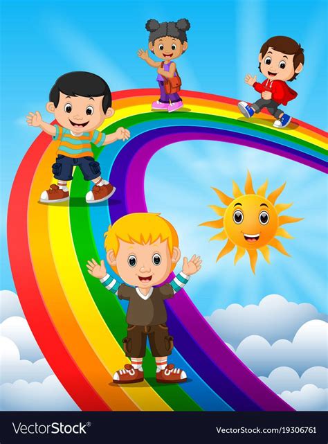 Happy Kids Standing Over The Rainbow Vector Image On Vectorstock Artofit