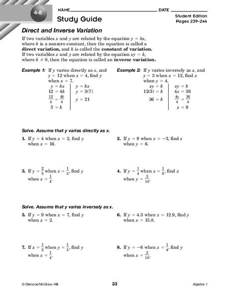 Direct And Inverse Variation Worksheet For 8th 11th Grade Lesson Planet