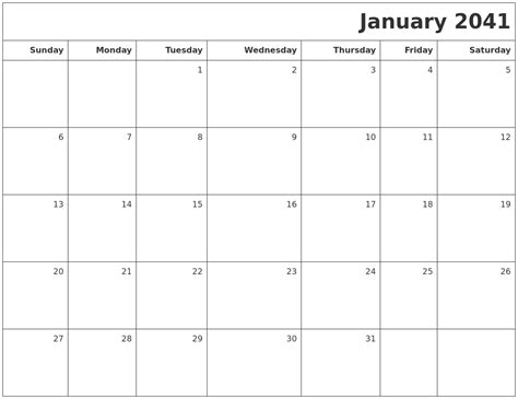 January 2041 Printable Blank Calendar