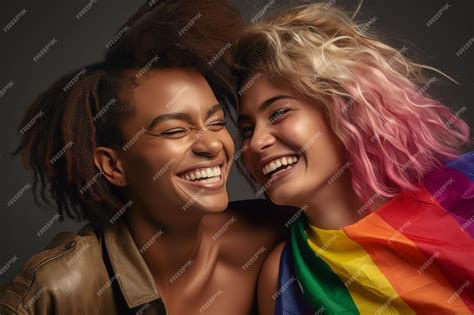 Premium Ai Image Expressive Pride Photo Of A Gay Lesbian Couple With Rainbow Flag Pride Month