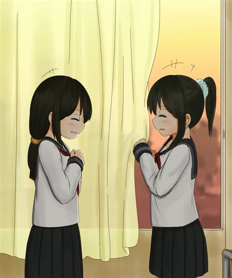 Safebooru 2girls Black Hair Blush Closed Eyes Curtains Highres Long Hair Minagiku Multiple