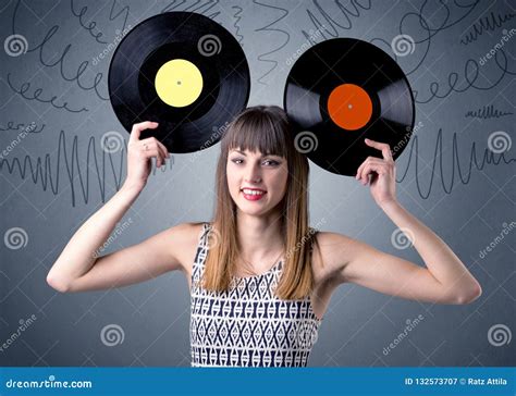 lady holding vinyl record stock image image of disk 132573707