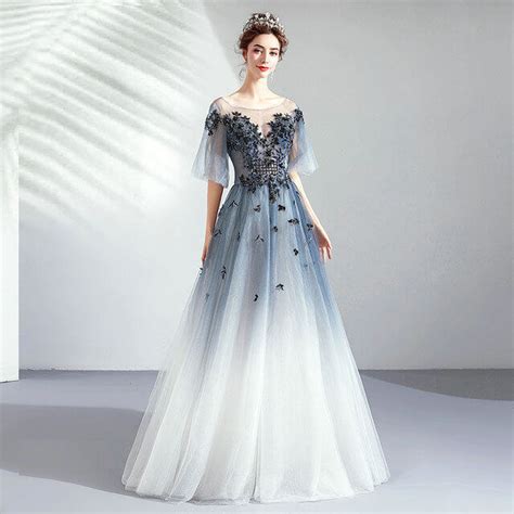 Blue And White Prom Dress A Line Floor Length With Sleeves