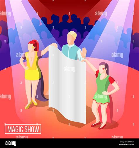 Magic show isometric background, illusionist behind curtain under light