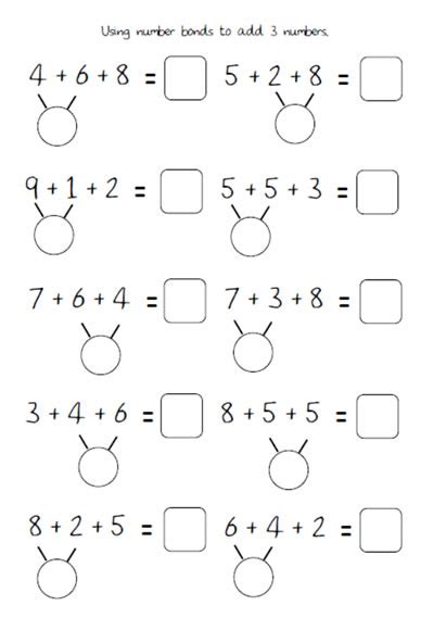 Adding 3 Numbers Using Number Bonds Worksheets