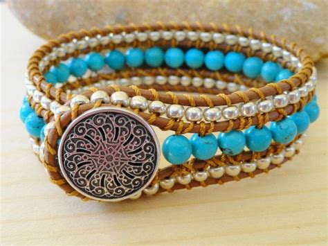 Turquoise Leather Cuff Three Row Beaded Leather Wrap Etsy