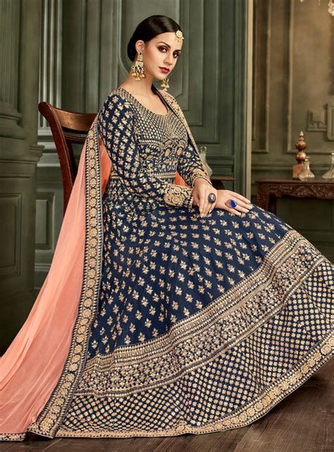 Anarkali dresses are also an ideal choice if you are looking for a party wear frock suit. Navy Blue Silk Floor Length Indian wedding Anarkali Suit 32002