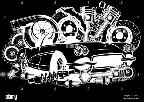 Vector Illustration Of Car Spares Frame And Parts Silhouette In Black