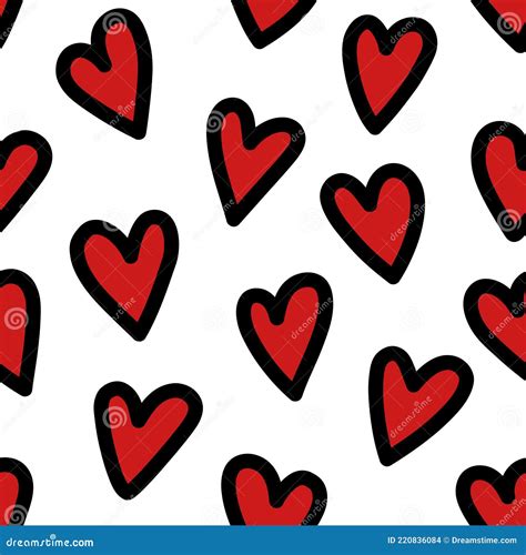 Seamless Patterns With Hand Drawn Red Hearts With Black Outline Stock