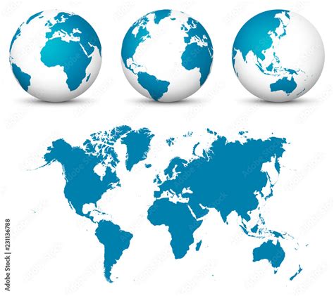 Blue 3d Earth Globe Set World Vector Collection With Flat