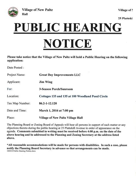 2016 03 01 Planning Board Public Hearing Notice Village Of New Paltz