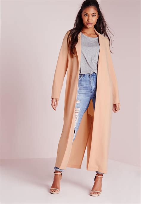 Missguided Denim Long Sleeve Maxi Duster Jacket Nude In Natural Lyst